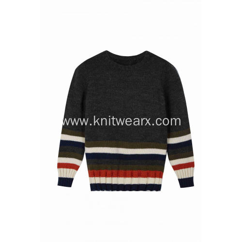 Boy's Knitted Stripe Bottom Crew Neck Pullover